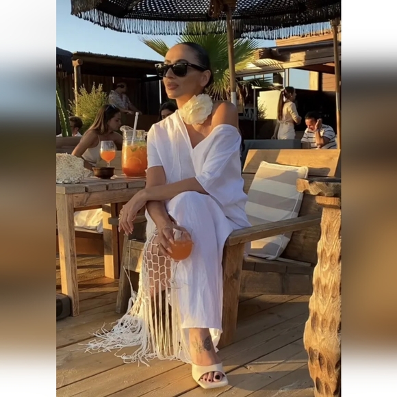 Zara 100% linen fringed macrame white dress Size M - Picture 9 of 17